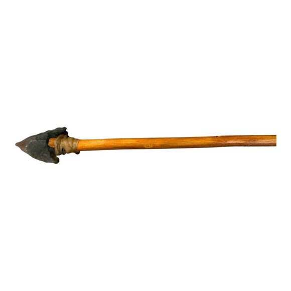 Vintage Handcrafted Wooden Spear w/ Stone Arrow Head Tip Painted Bands 24” Long - Picture 1 of 7